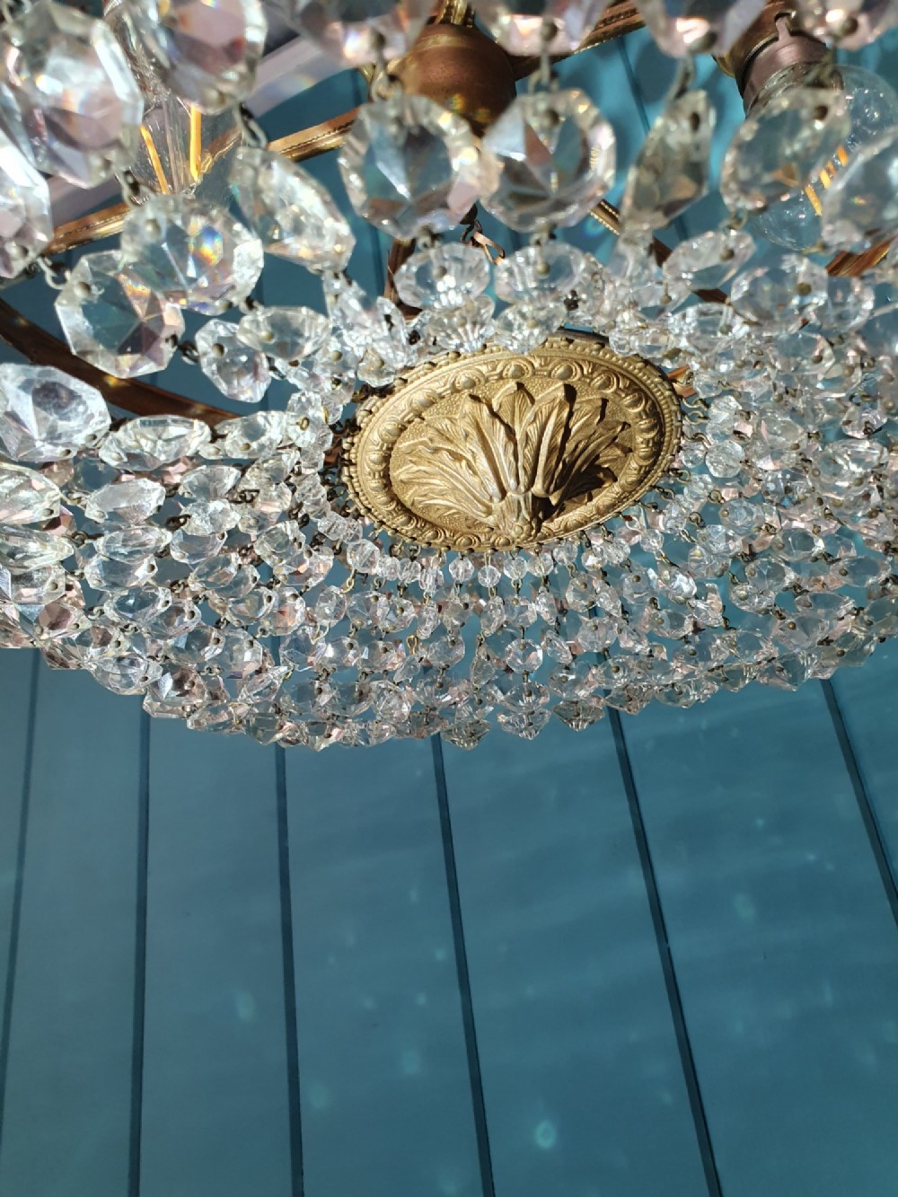 Antique Early 20th Century Brass & Cut Glass Bag Chandelier 16