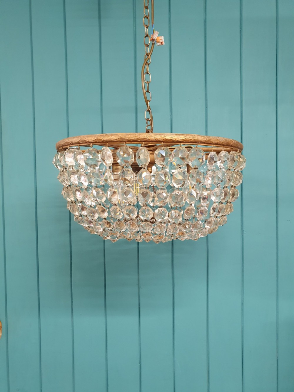 Antique Early 20th Century Brass & Cut Glass Bag Chandelier 16