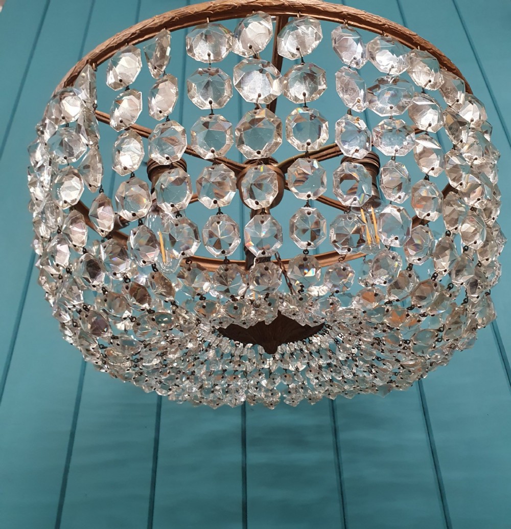Antique Early 20th Century Brass & Cut Glass Bag Chandelier 16