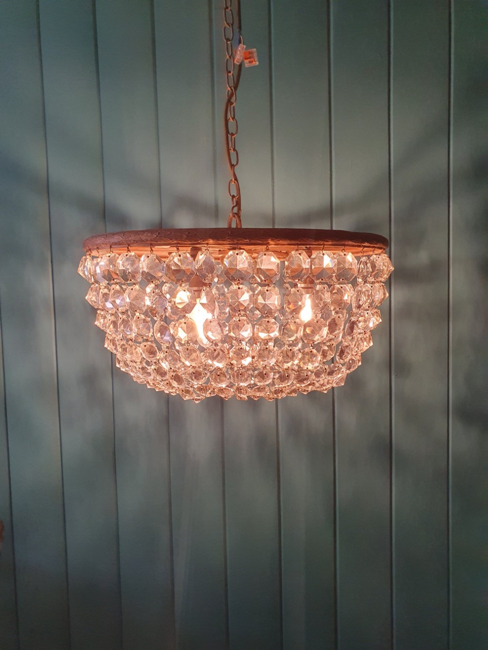 Antique Early 20th Century Brass & Cut Glass Bag Chandelier 16