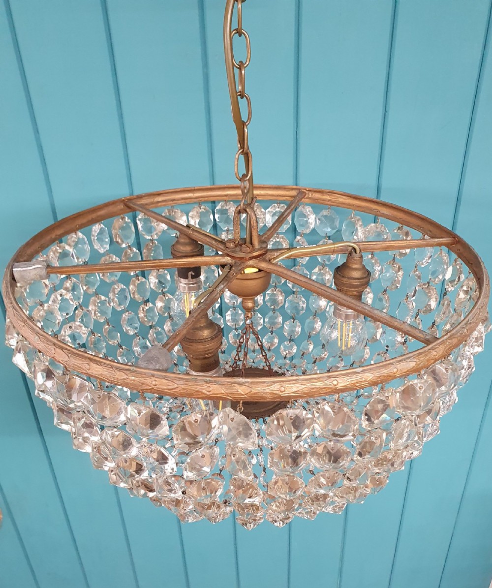 Antique Early 20th Century Brass & Cut Glass Bag Chandelier 16