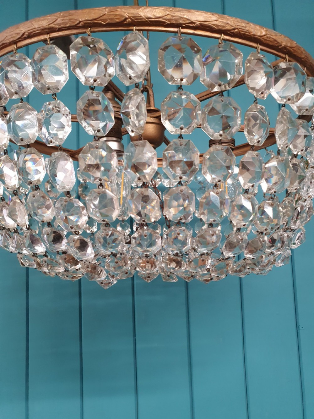 Antique Early 20th Century Brass & Cut Glass Bag Chandelier 16