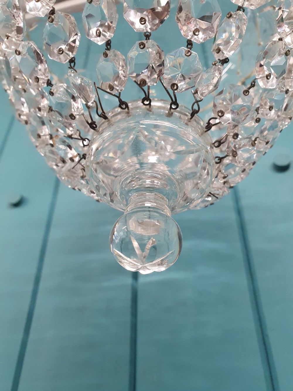 An early 20th-century crystal dome top pendant chandelier with faceted glass beads and a brass chain suspension. View III