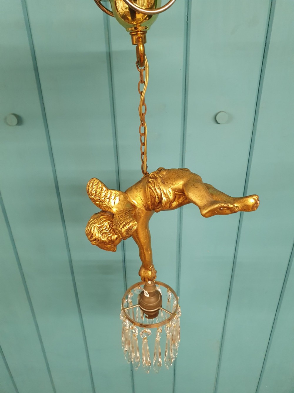 Antique Gilt Spelter Flying Cherub with Cut Glass Crystal Spike Chandelier 9