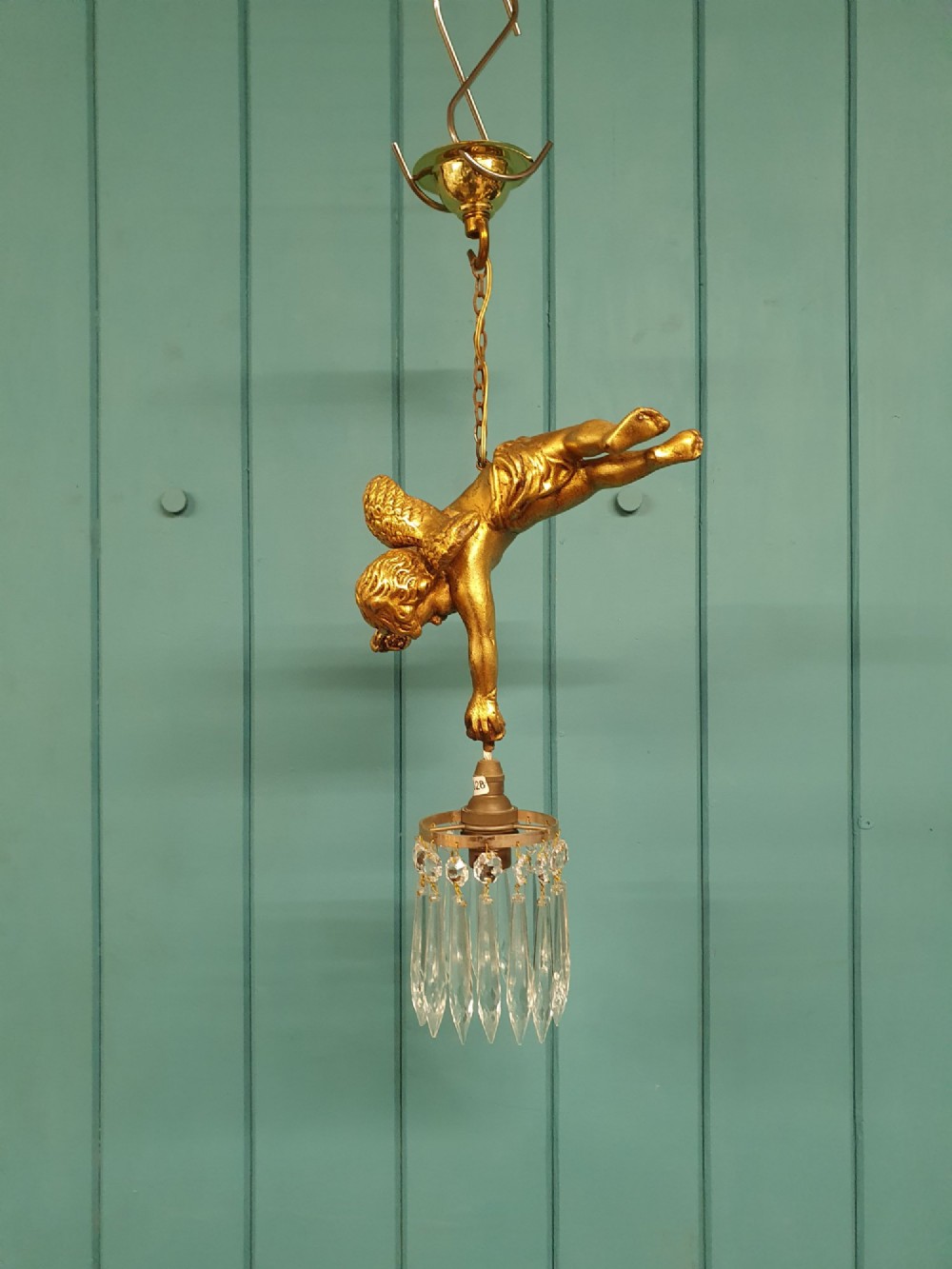 Antique Gilt Spelter Flying Cherub with Cut Glass Crystal Spike Chandelier 9