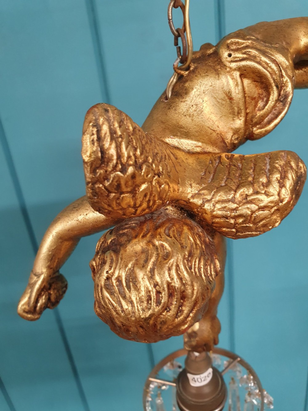 Antique Gilt Spelter Flying Cherub with Cut Glass Crystal Spike Chandelier 9