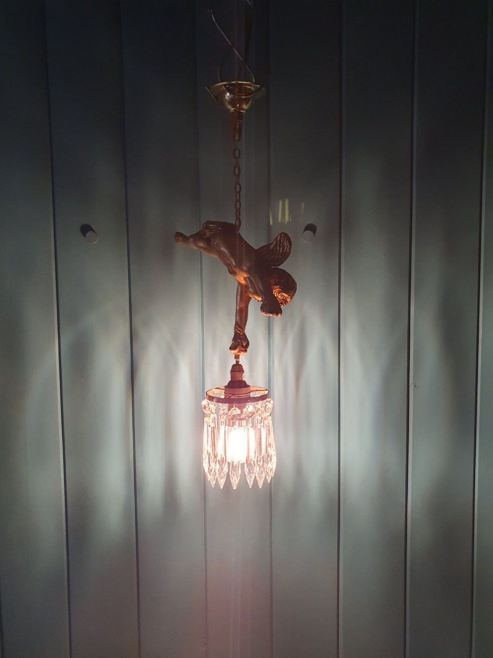 Antique Gilt Spelter Flying Cherub with Cut Glass Crystal Spike Chandelier 9