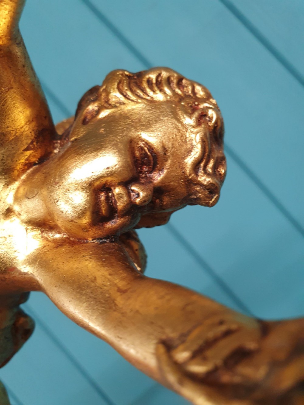 Antique Gilt Spelter Flying Cherub with Cut Glass Crystal Spike Chandelier 9