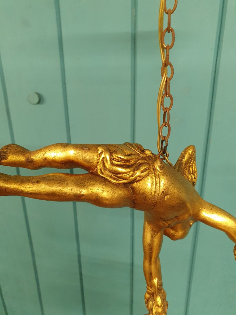 Antique Gilt Spelter Flying Cherub with Cut Glass Crystal Spike Chandelier 9