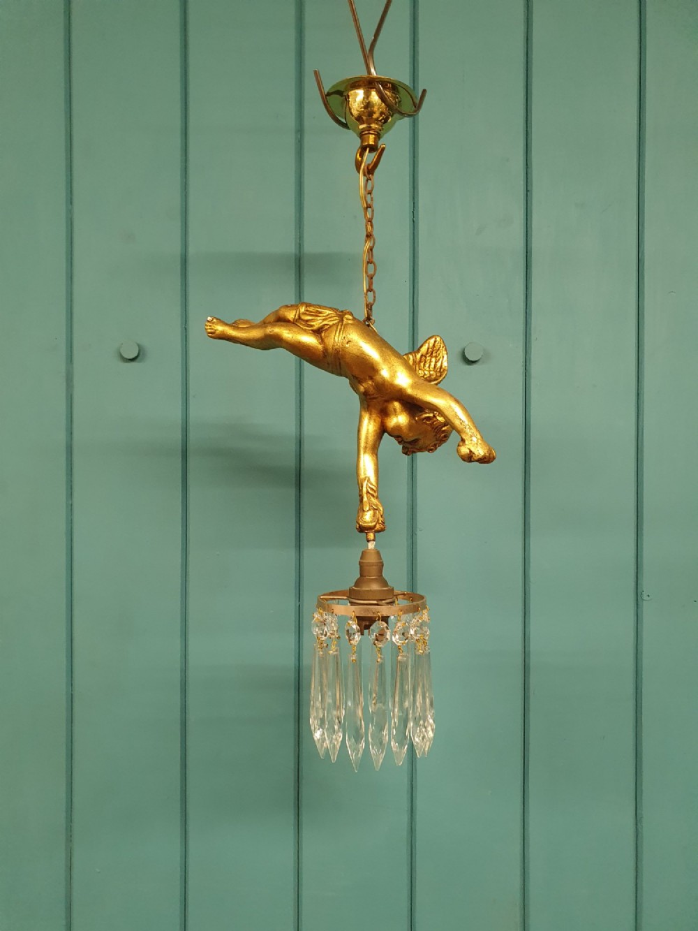 Antique Gilt Spelter Flying Cherub with Cut Glass Crystal Spike Chandelier 9