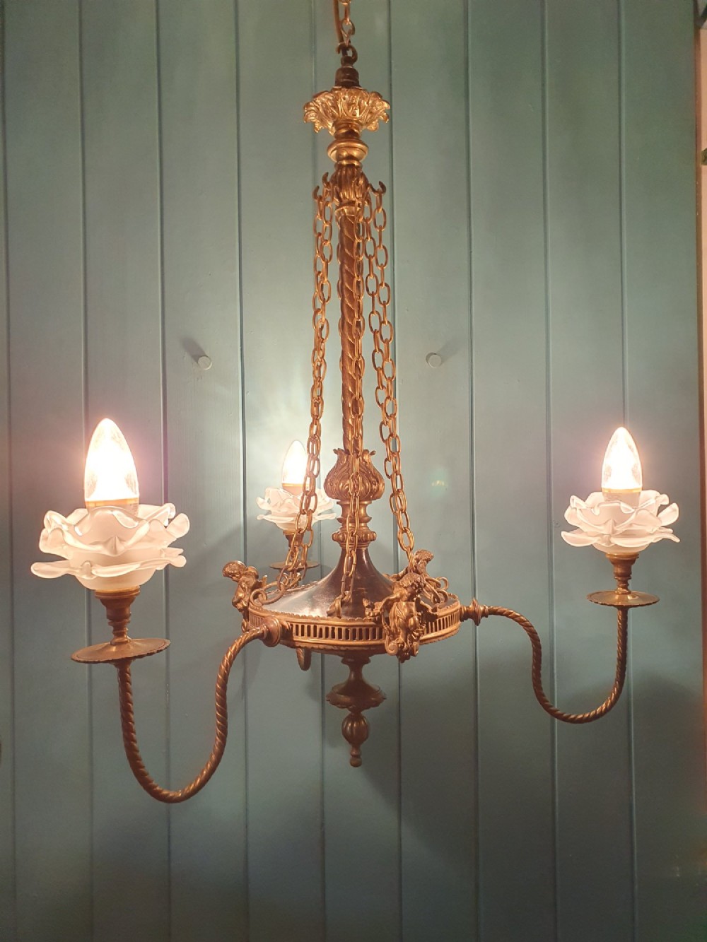 A French ebonised and brass three-arm chandelier featuring twisted metal arms, supporting chain suspension, and frosted glass shades shaped like open flowers. View VI