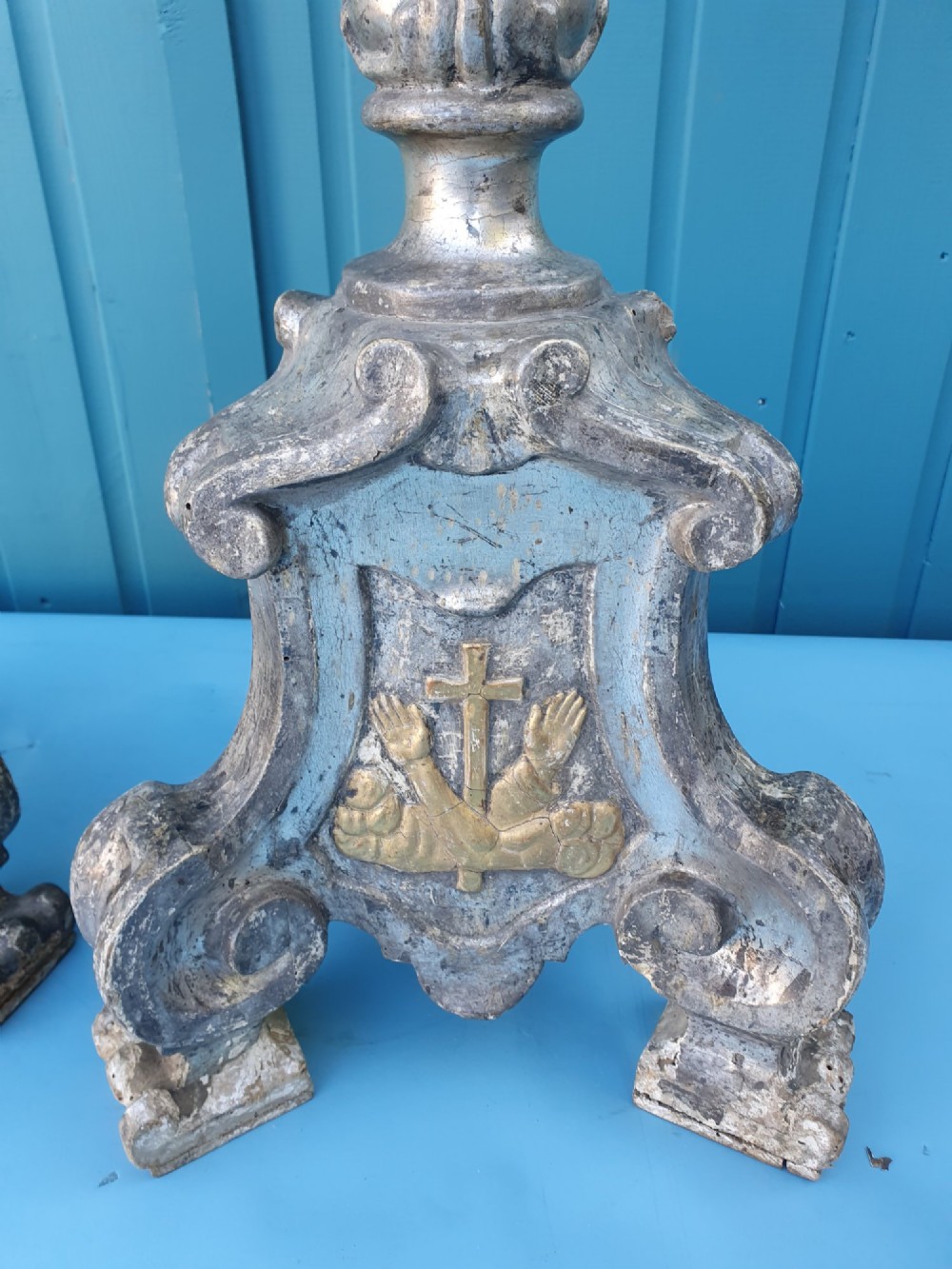 Pair of tall 18th-century Rococo gilt-silver pricket candlesticks with carved baluster shafts and scrolled triangular bases. View VI