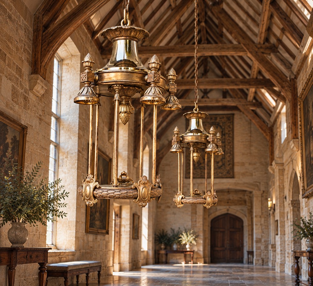 A pair of large early 20th-century brass hall lanterns featuring open columnar frames, acanthus leaf embellishments, decorative lower bands, and top hanging loops. View II