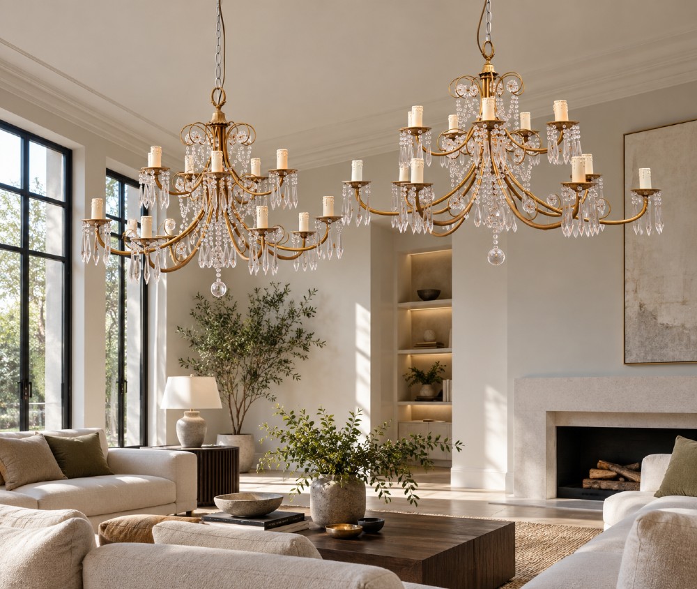 A pair of brass two-tier fourteen-arm chandeliers adorned with cut glass crystal droplets and faux candle light sockets. View VIII