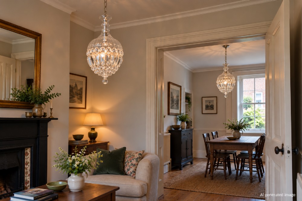 A pair of early 20th-century crystal bag pendant lights featuring dome glass tops and cascading cut glass drops hanging from brass chains. View IV
