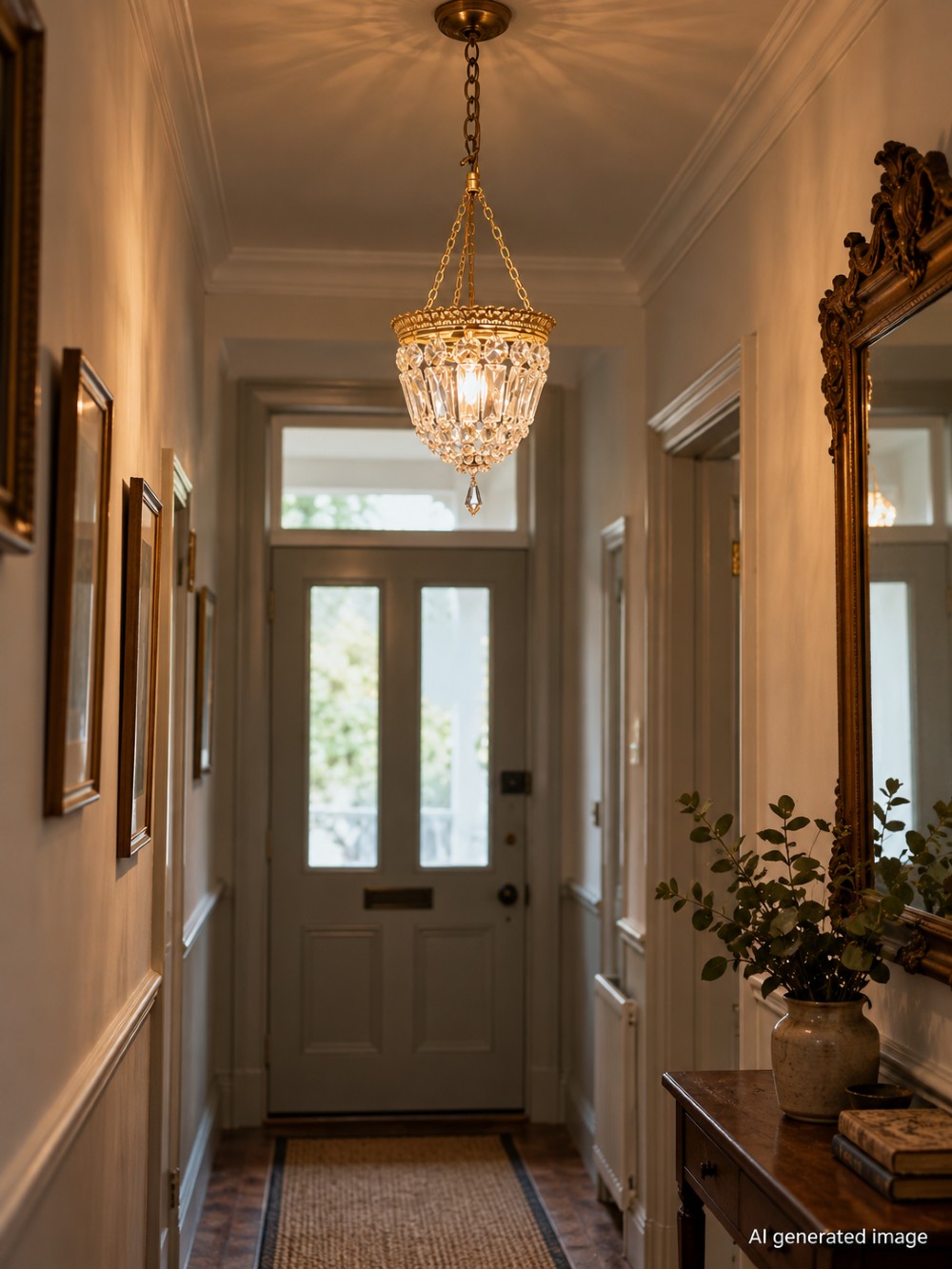 An early twentieth-century gilt brass crystal basket chandelier featuring faceted glass prisms and a suspended chain hanger. View III