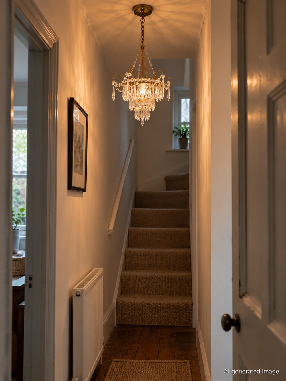 An early 20th century brass light fitting featuring cascading tiers of cut glass crystal teardrops suspended from brass chains. View II
