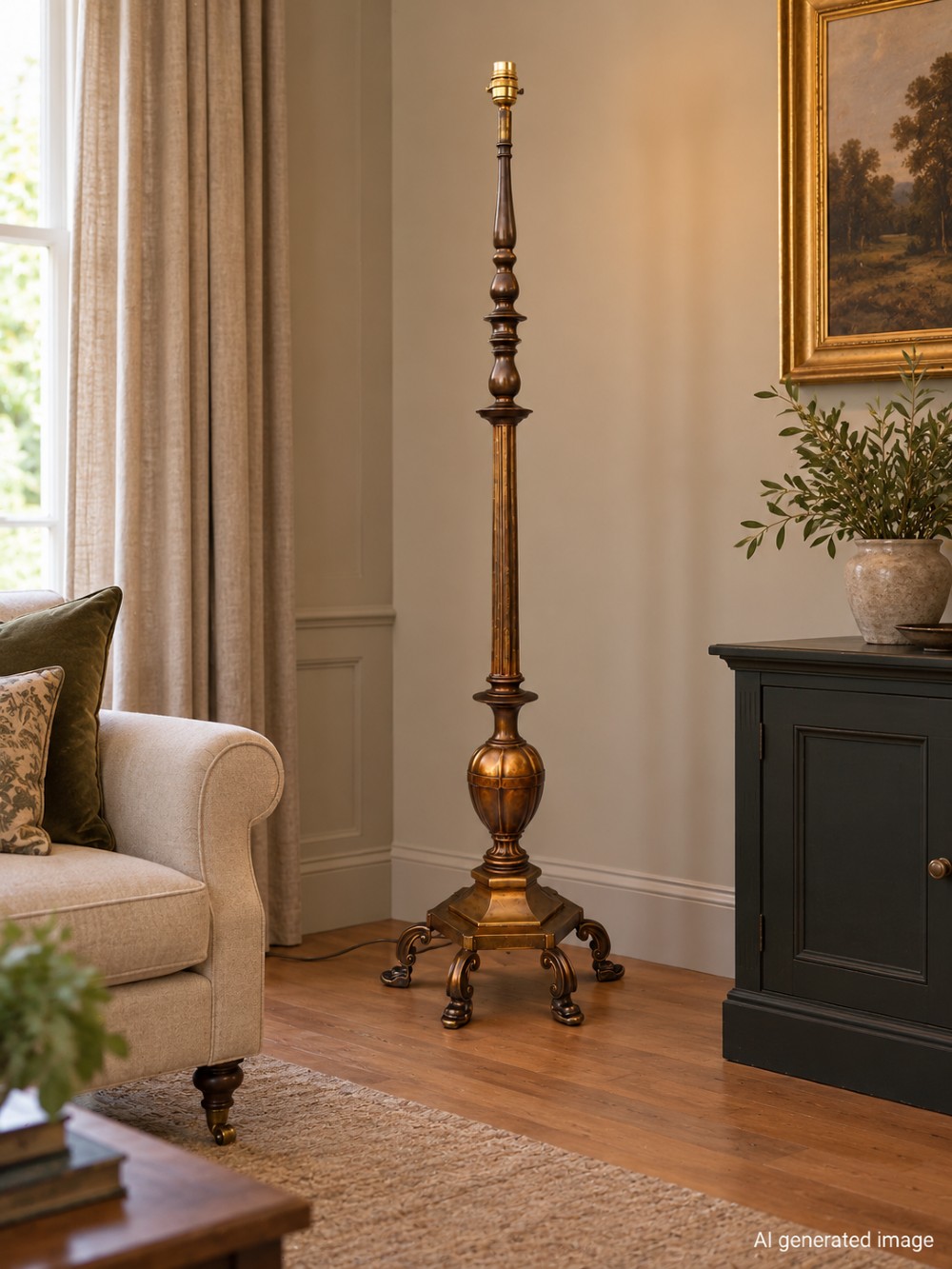 An antique bronze standard floor lamp featuring a turned baluster column, urn knop, and scrolled feet on a square stepped base. View IV