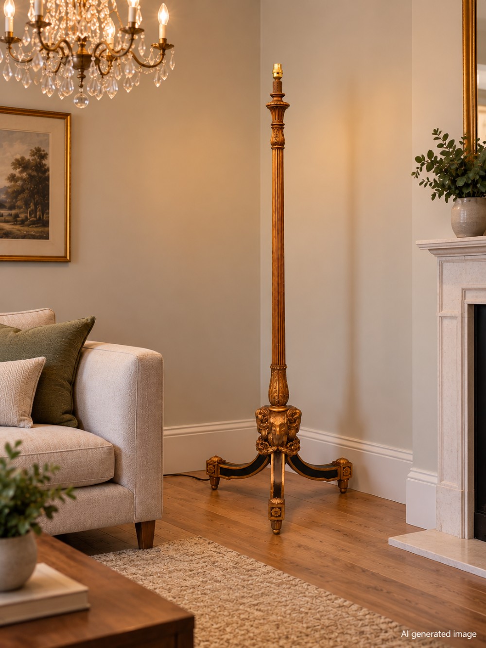 A tall antique carved giltwood standard lamp featuring a fluted column and triform base set against a blue panelled wall. View IV