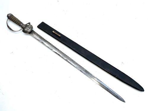 An early 18th-century short sword featuring a silvered hilt and ribbed grip, displayed alongside its black leather scabbard. View VIII
