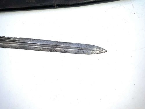 An early 18th-century short sword featuring a silvered hilt and ribbed grip, displayed alongside its black leather scabbard. View XIV