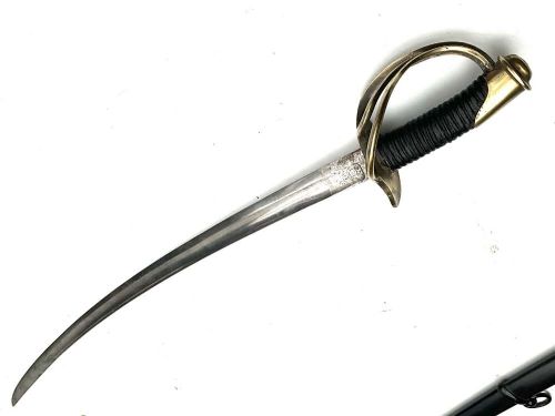 An antique 19th-century military cavalry sabre featuring a brass three-branch handguard, leather-wrapped grip, and black metal scabbard. View VI