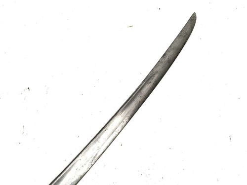 An antique 19th-century military cavalry sabre featuring a brass three-branch handguard, leather-wrapped grip, and black metal scabbard. View IX