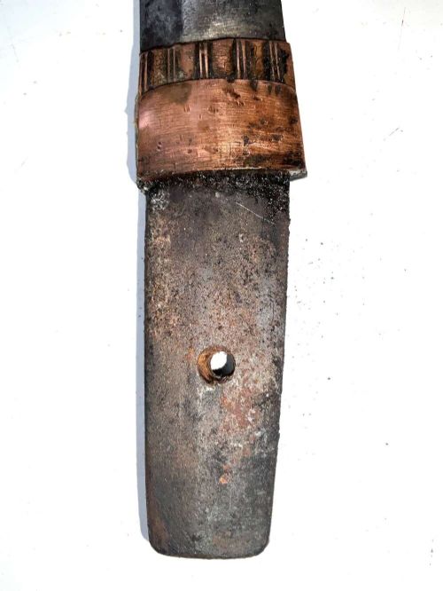 An Edo period Japanese samurai tanto dagger enclosed in a black lacquered wood scabbard with a wrapped handle. View V