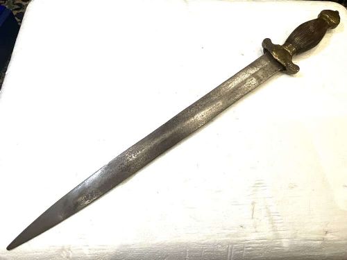 An antique 19th-century Chinese Jian sword featuring a double-edged steel blade, fluted wooden grip, and decorative brass fittings. View IV