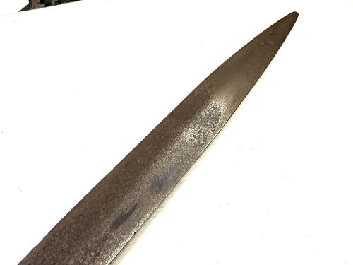 An antique 19th-century Chinese Jian sword featuring a double-edged steel blade, fluted wooden grip, and decorative brass fittings. View VI