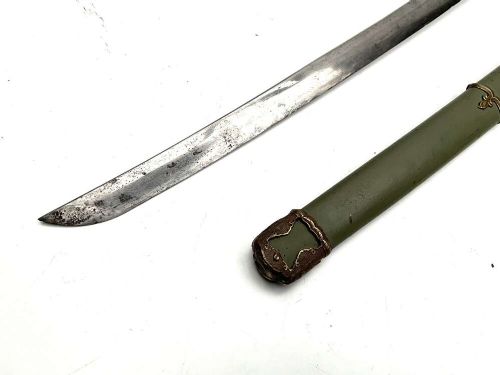 A Second World War Japanese officer sword in an olive green metal scabbard with brass fittings and a bound handle. View VII