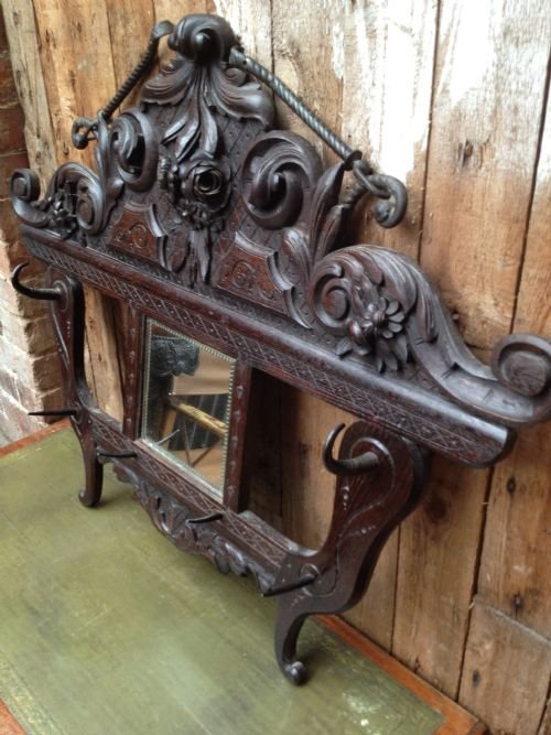 1/2 Price !!Victorian Carved Oak Mirrored Hat Stand