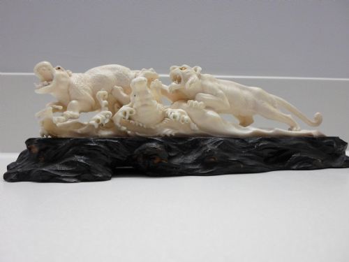 Fantastic Japanese Ivory Okimono Lion and Hippopotamus Group