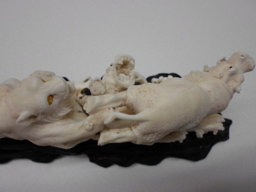 FANTASTIC JAPANESE IVORY OKIMONO LION AND HIPPOPOTAMUS GROUP  View VIII