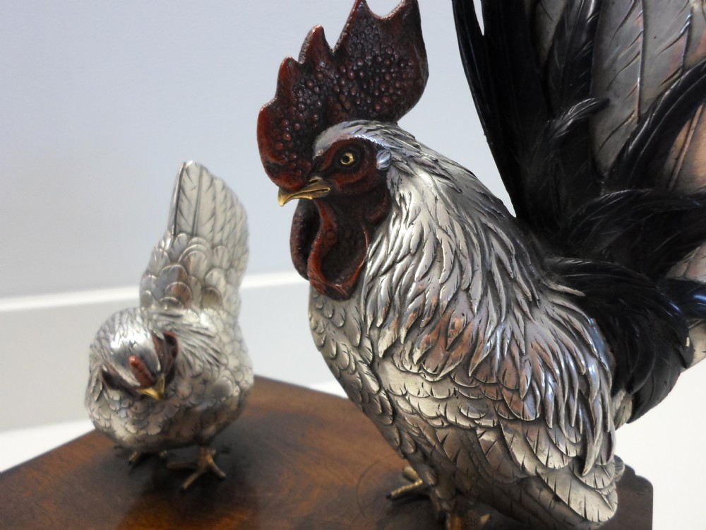  JAPANESE MIXED METAL COCKEREL GROUP SIGNED MASATSUNE View IX