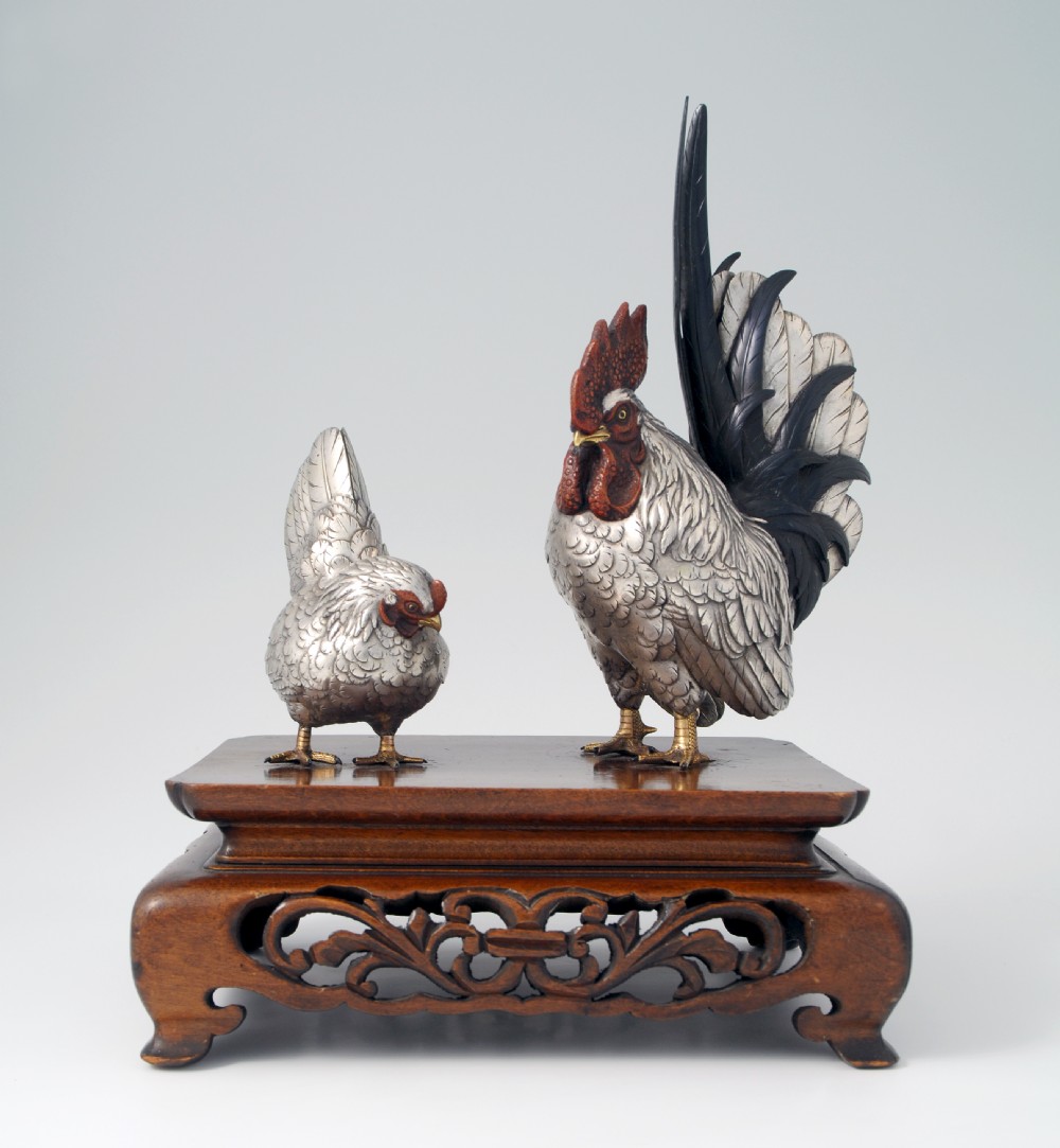  JAPANESE MIXED METAL COCKEREL GROUP SIGNED MASATSUNE