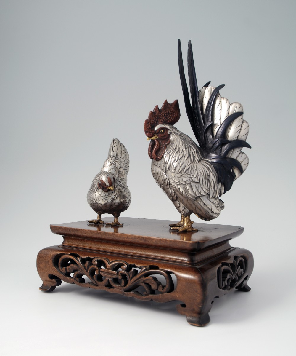  JAPANESE MIXED METAL COCKEREL GROUP SIGNED MASATSUNE View IV