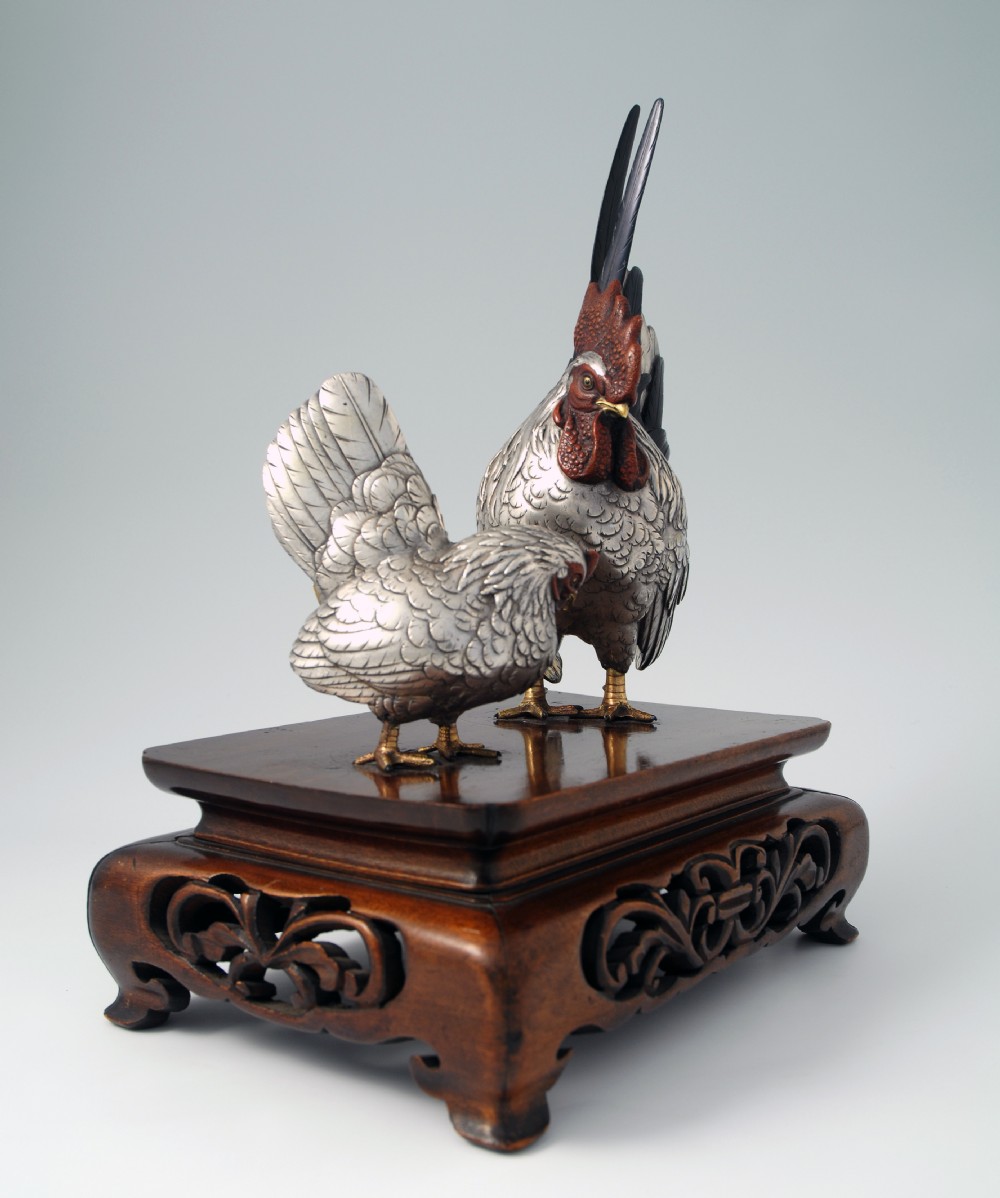  JAPANESE MIXED METAL COCKEREL GROUP SIGNED MASATSUNE View V