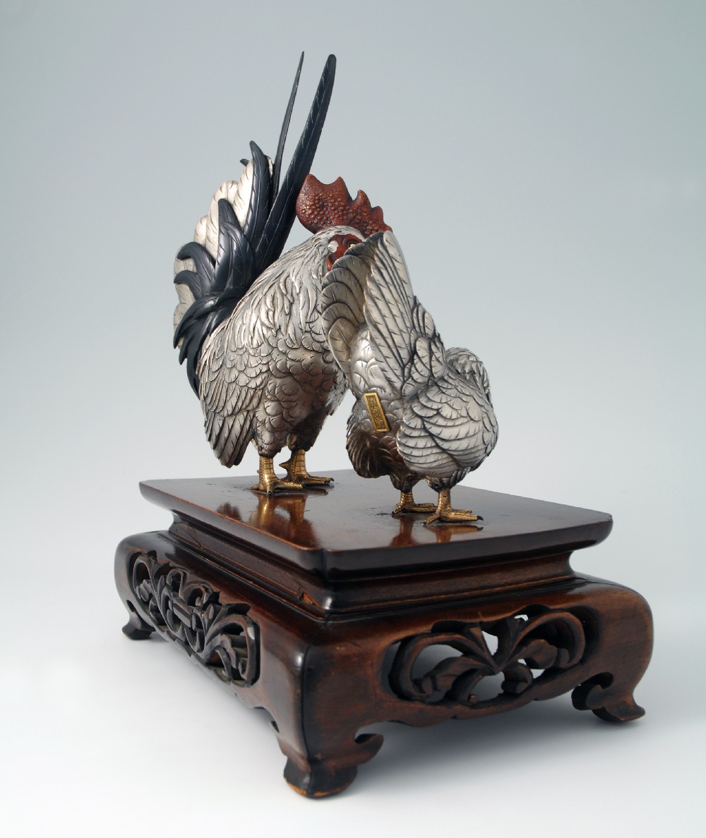  JAPANESE MIXED METAL COCKEREL GROUP SIGNED MASATSUNE View VI