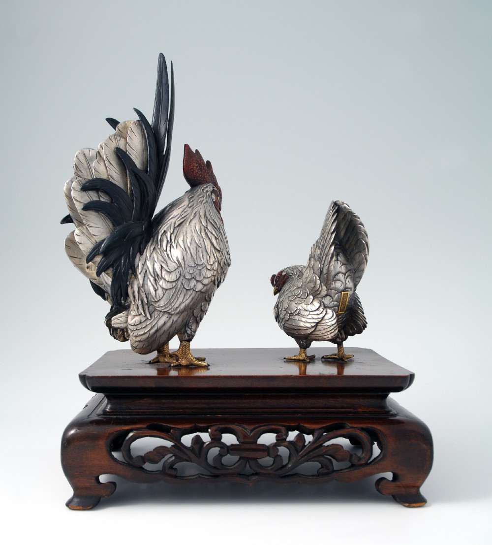  JAPANESE MIXED METAL COCKEREL GROUP SIGNED MASATSUNE View VII