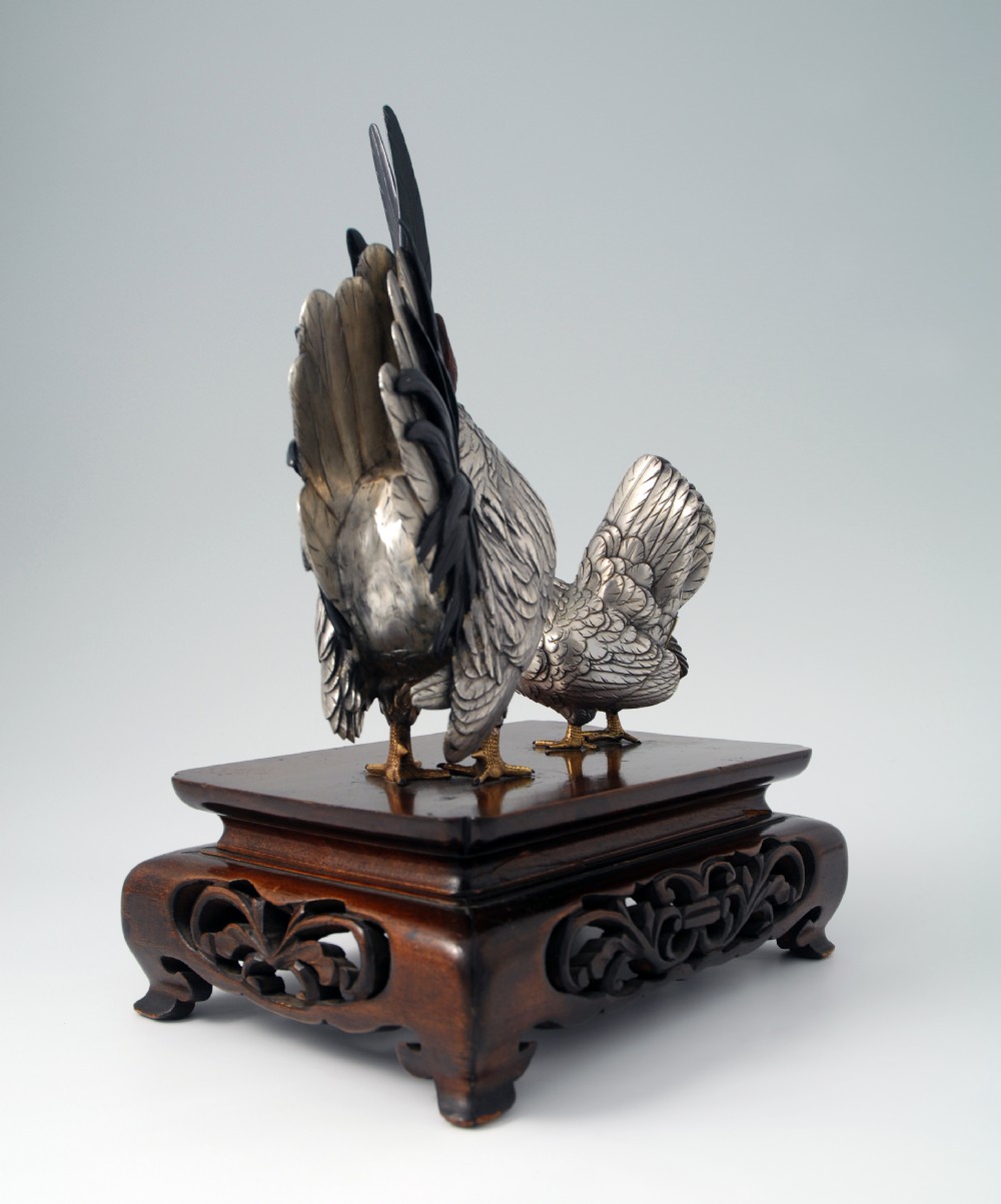  JAPANESE MIXED METAL COCKEREL GROUP SIGNED MASATSUNE View VIII