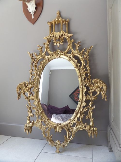 Antique Carved Wooden Chippendale Chinese Gilt Overmantel Mirror Chinoiserie