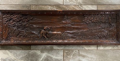 LARGE 19TH CENTURY CARVED WALNUT BLACK FOREST DOG HUNTING PANEL OVERDOOR