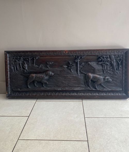 19th Century Large Carved Walnut Black Forest Hunting Dog Panel
