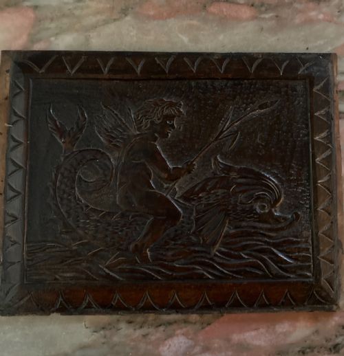 18th Century Carved Oak Cherub Riding a Dolphin