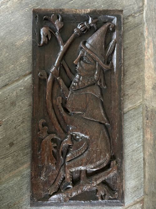 Rare 15th Century Carved Oak Whimsical Mythical Panel