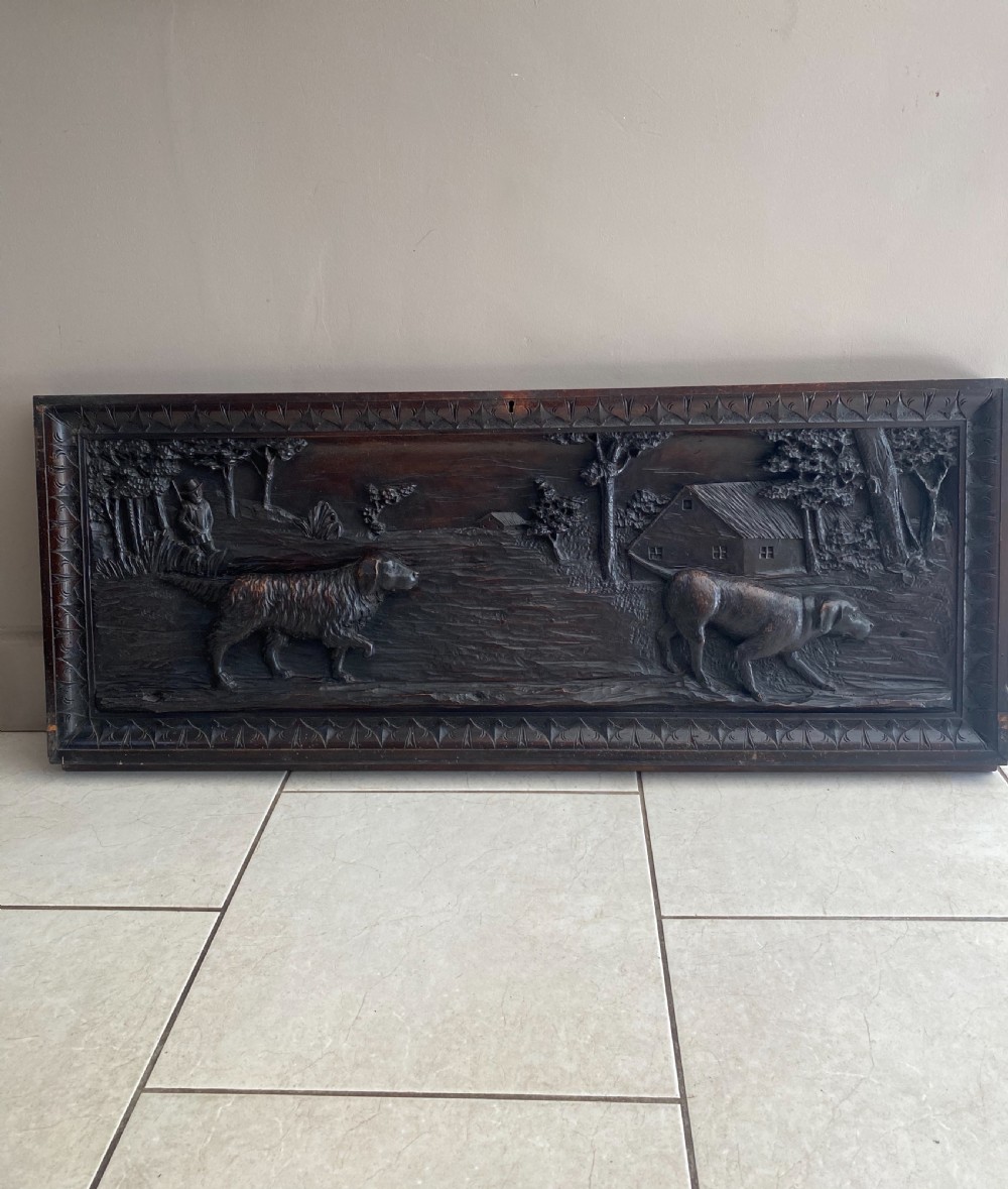 19th Century Large Carved Walnut Black Forest Hunting Dog Panel 