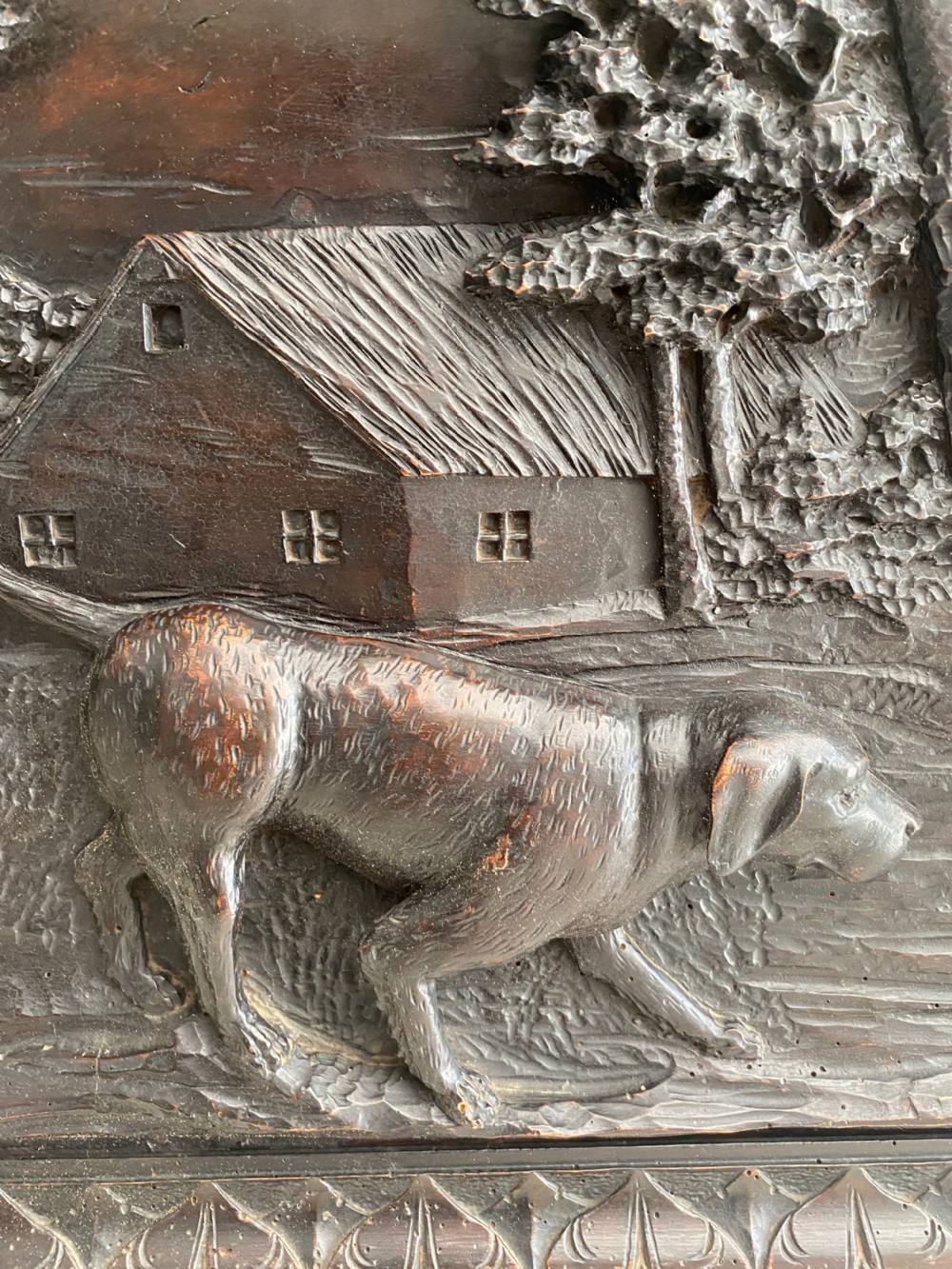 19th Century Large Carved Walnut Black Forest Hunting Dog Panel  View II