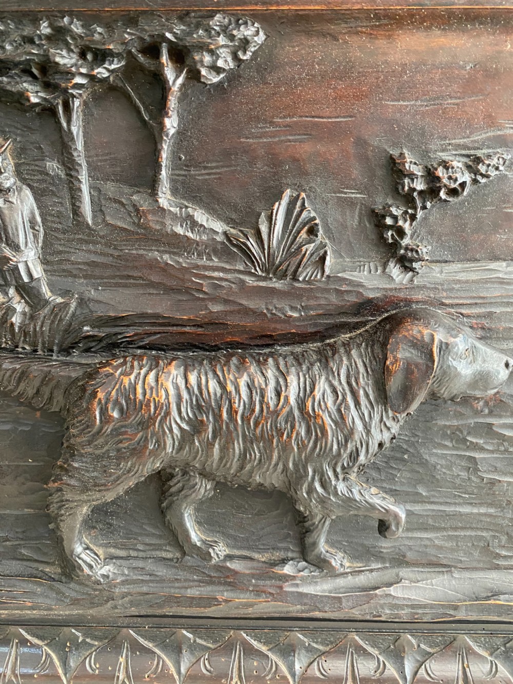 19th Century Large Carved Walnut Black Forest Hunting Dog Panel  View III