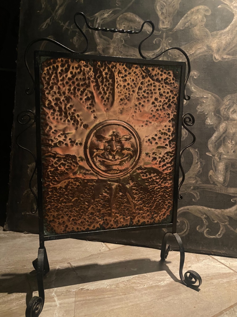 Arts Crafts Whimsical Sunburst Copper Firescreen